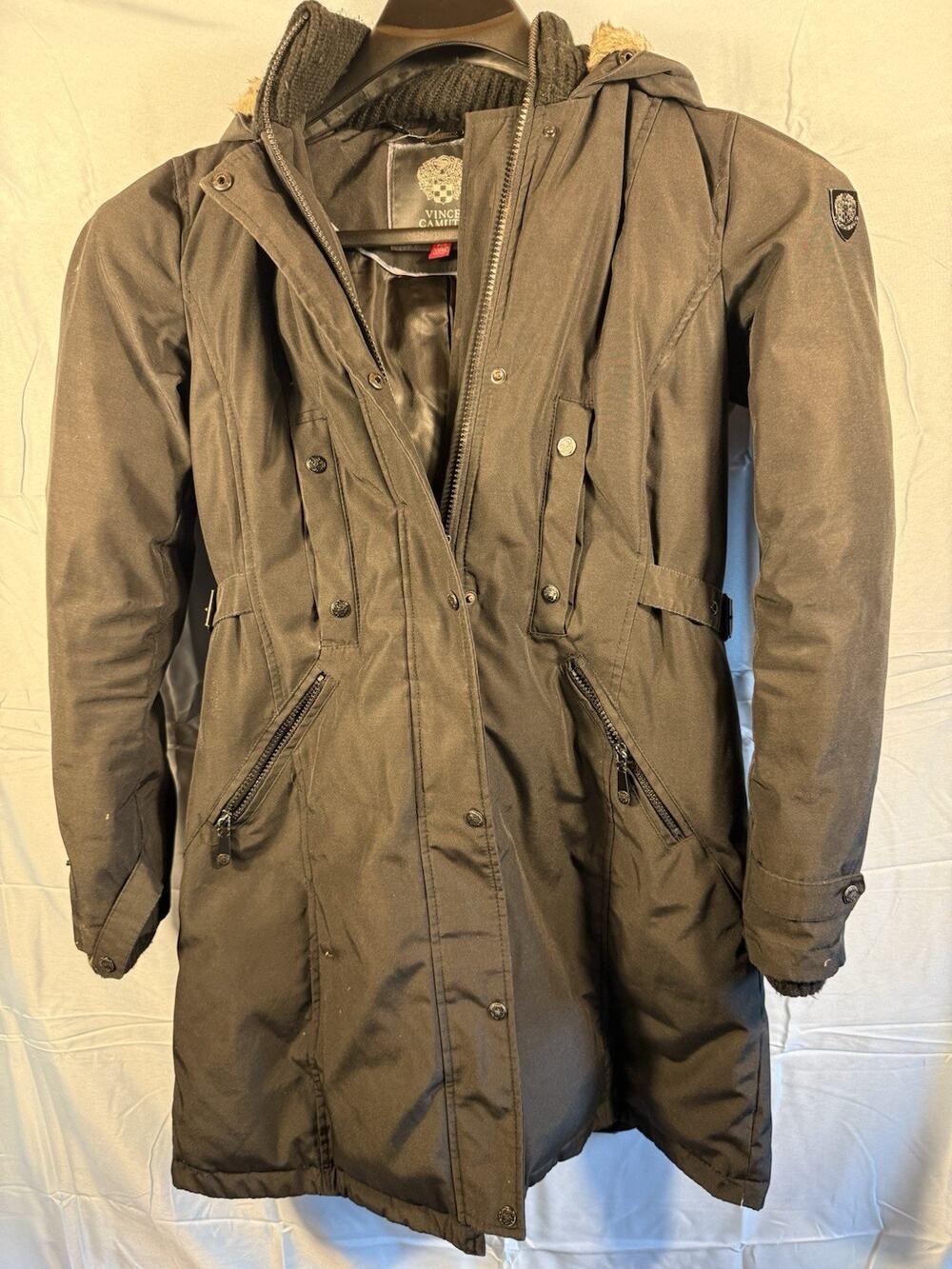 Vince Camuto Women's Petite S Black Insulated Parka Faux Fur Hood